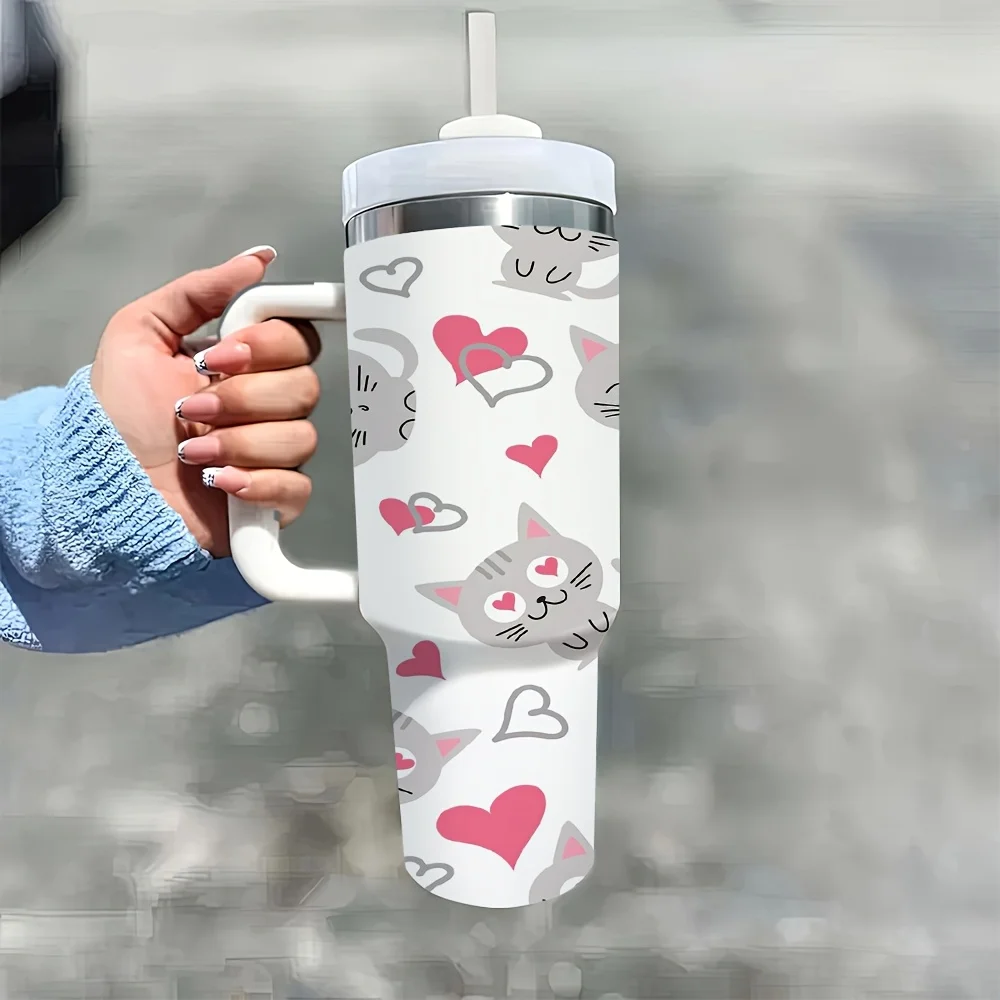 1ps Halloween and Christmas 40oz Insulated Stainless Steel Tumbler with Handle and Straw, Water Cup for Travel Office Camping, Cute Cartoon Gray Cat and Love Heart Print, Reusable Drinking Mug for Home Outdoor Daily Use