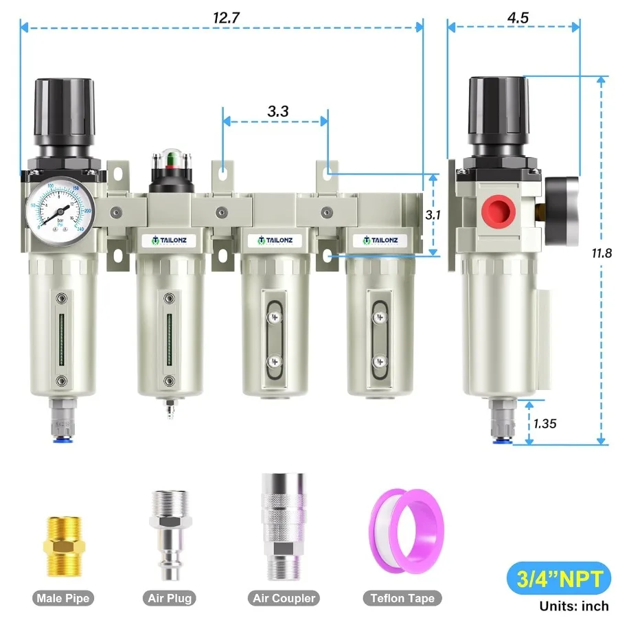0240PSI 3/4인치 NPT 산업용 4단계 공기 건조 시스템, 입자 필터 포함 이중 건조제 건조기, 5미크론 필터