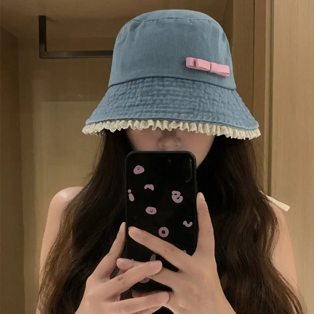 

Sweet Big Brimmed Denim Bucket Hat Y2K Sunscreen Lace Fisherman Hat Korean Style Visor Bow Sunscreen Hat Travel