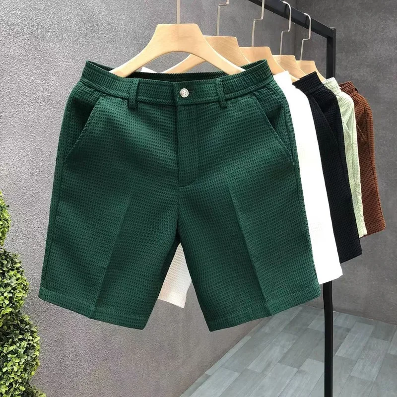 

Men's Shorts Plaid Texture Solid Straight-leg Business Social Elastic Waist Button Short Pants Loose Knee Length Casual Short