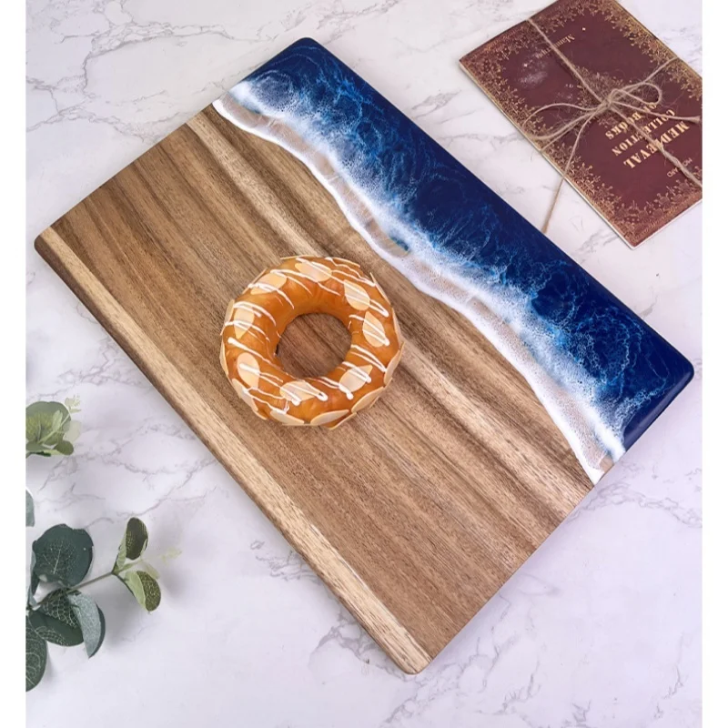 Wave Resin Acacia Cutting Board, Wooden Charcuterie Board for Meat/Fruit, Ocean Design Kitchen Chopping Block