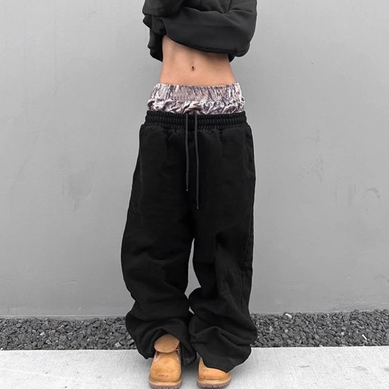 Deeptown-Pantalon de survêtement gris pour femme, Baggy Y2K, Streetwear américain Harajuku, Pantalon décontracté Hip Hop, Patchwork, Jogging, Sports, Fjj