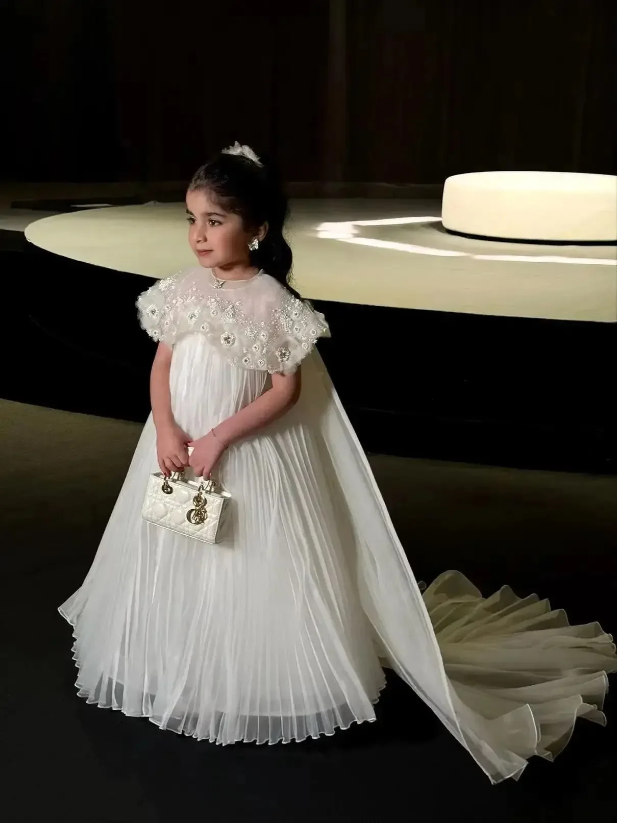 Girls Embellished Cap Sleeve Pleated Chiffon Gown With Detachable Train Ideal For Flower Girl Duties Birthday Celebrations Piano