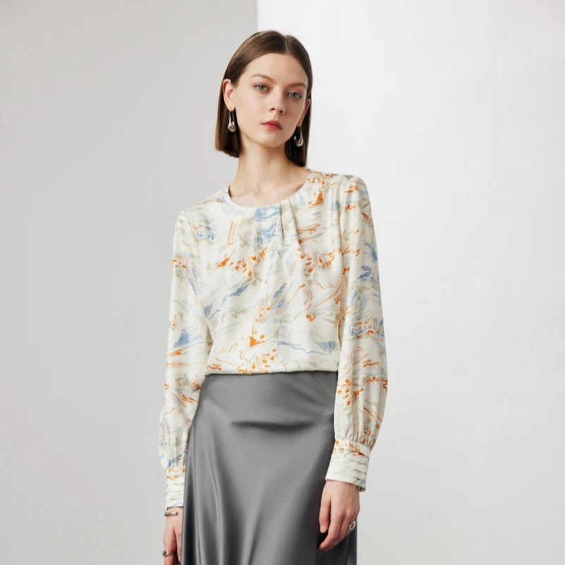 Birdtree, 100% Real Silk Print Tshirt, Women Twill Silk O-neck Full Sleeve Loose Shirt, Commuting Tops, 2026 Spring New T61733JF