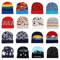 Rainbow Heart Print Beanies for Women Men Winter Autumn Outdoor Warm Cycling Knitted Hat Skiing Cold Hat Ear Protection Bonnet