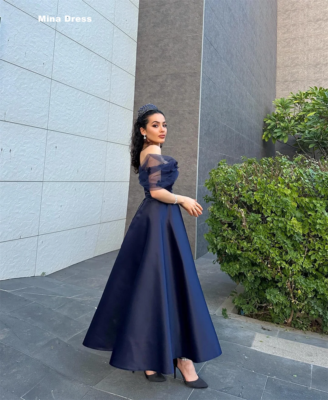 navy blue tea length formal dress Jovani 39427 A Line Short Mother of the Bride Lace Tea Length Dress