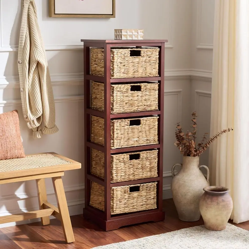 5-Drawer Wicker Storage Tower with Cherry Finish, Fully Assembled