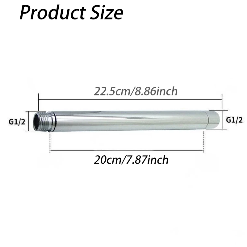 20cm Stainless Steel Shower Extension Arm Silver G1/2 Ferrule Bathroom Renovation Accessory with Inner And Outer Thread