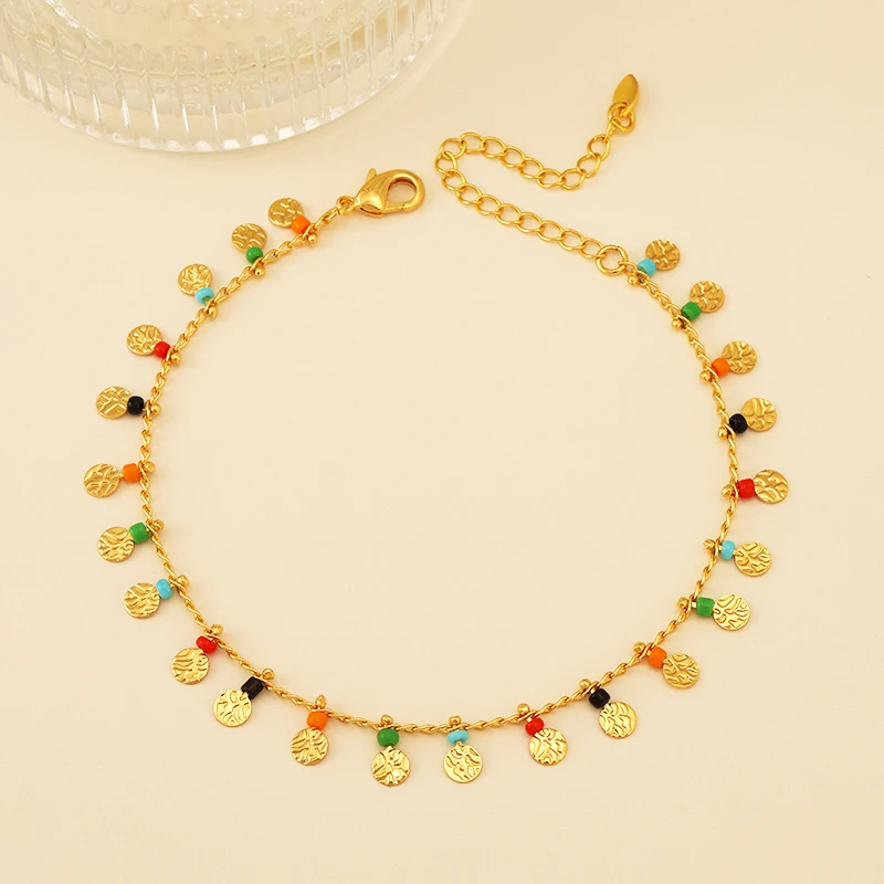 KDE artystyczne okrągłe kolorowe cyrkonie w stylu etnicznym obrączki moda pozłacana bransoletka na kostkę kobiety dziewczęta wakacje biżuteria plażowa Party codzienny