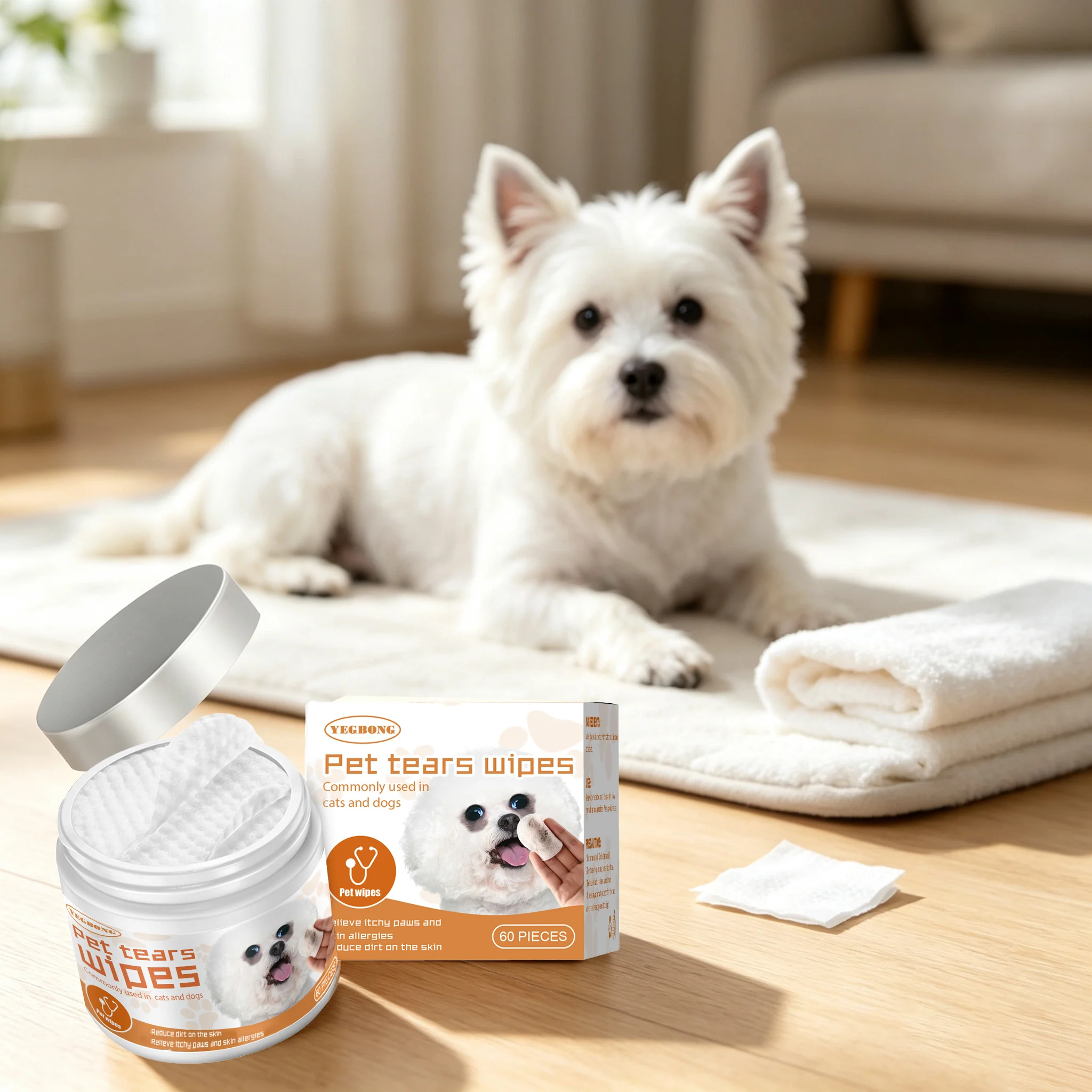 60PCS Pet Tear Stain Wet Wipes Gentle Cleaning Dirts Non-irritating Soothing Itching Relief Allergies Pet Tear Stain Remover