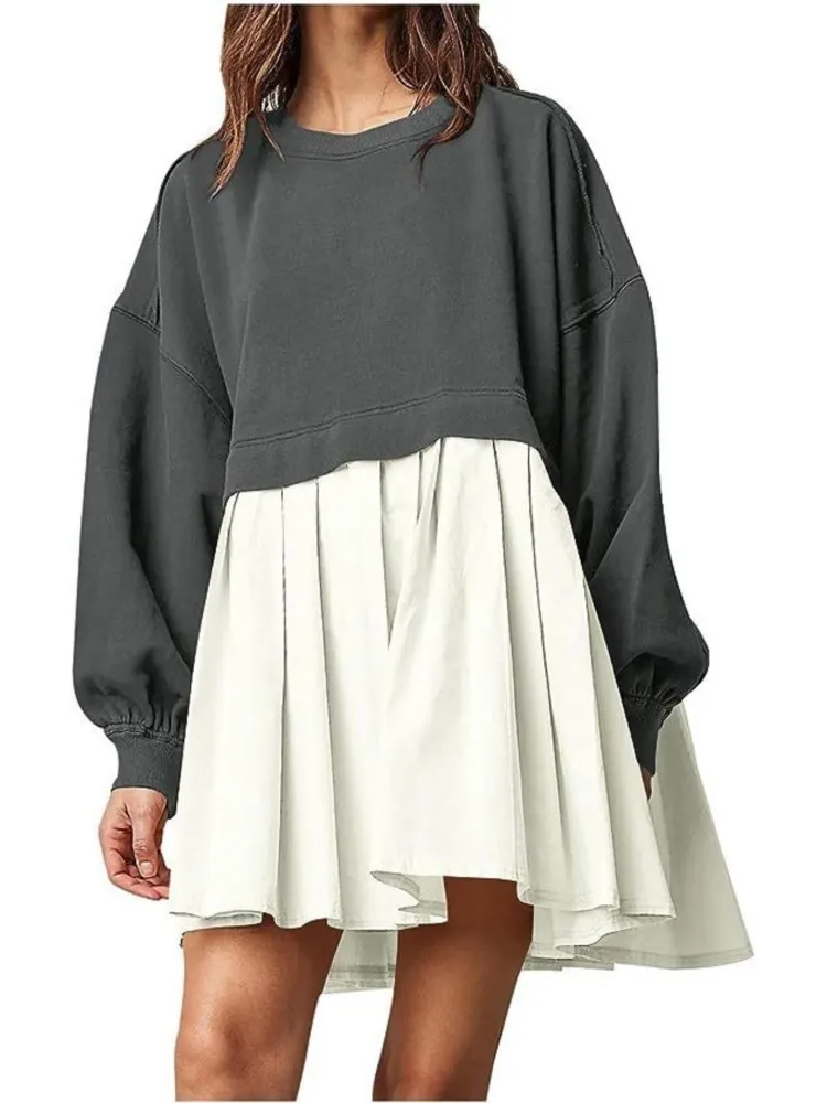 

Новинка осени и зимы 2023, мини-платье, свитшот, пуловер, платье с длинными рукавами для женщин, свободное плиссированное платье одного цвета