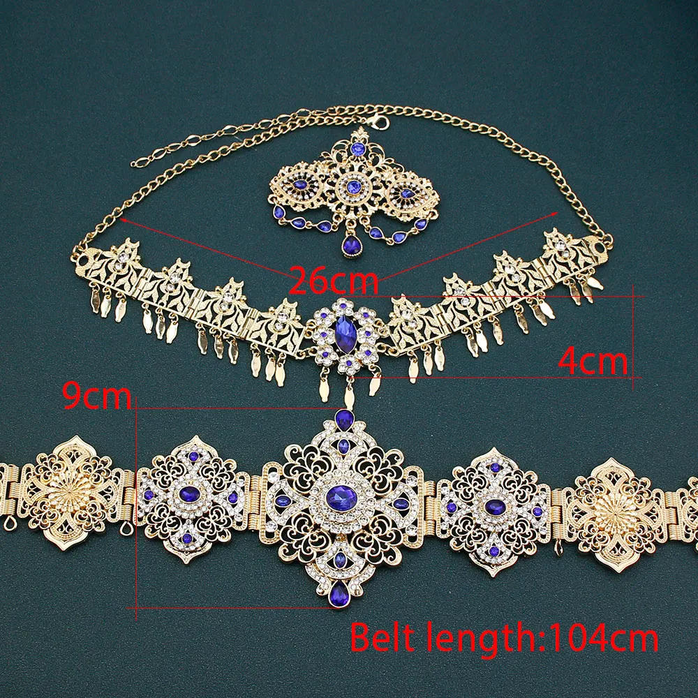 Sunspicems Gold Color Morocco Bride Jewelry Sets Arabic Blue Crystal Caftan Waist Belt Algeria  Forehead Chain Hairband Brooch