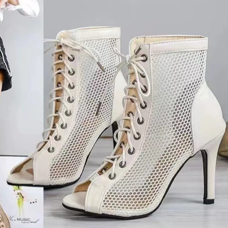 Women High Heeled Sandals Sexy High Heels Party Shoes Summer Mesh Peep Toe High Heels Boots Fashion Latin Jazz Dance Shoes Pumps