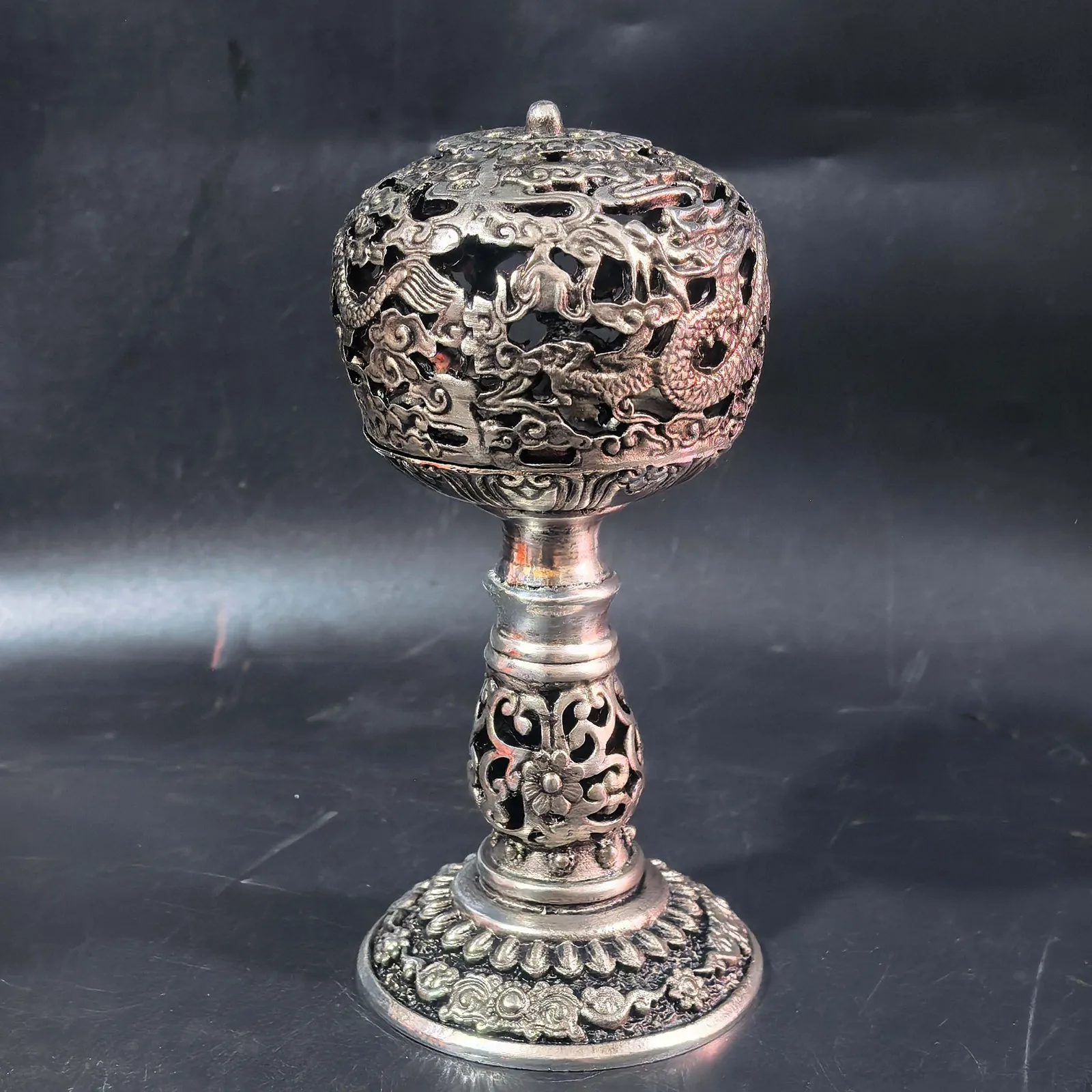 Antique Openwork Double-Dragon Censer, Gilded Tibetan Silver Ornament