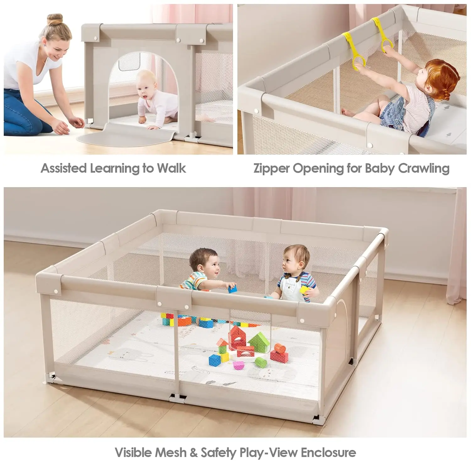 Parc bébé avec tapis, 59x59 pouces parc pour bébés et tout-petits, stylo de jeu pour enfants, cour de jeu pour nourrissons avec porte
