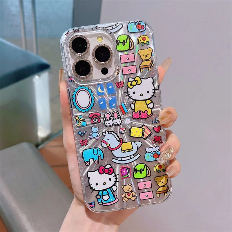 New 3D Sanrio Shopping Kitty Cartoon Phone Case For Apple iPhone 15 13 14 Pro Max Cute Four corner Anti fall Aurora Powder Cases