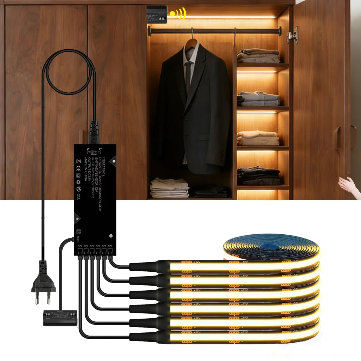 Door Sensor Switch Full Set Black LED Strip Light Power Kit Easy to Conceal,12V PCB COB Tape For Kitchen Cabinet Wardrobes Decor