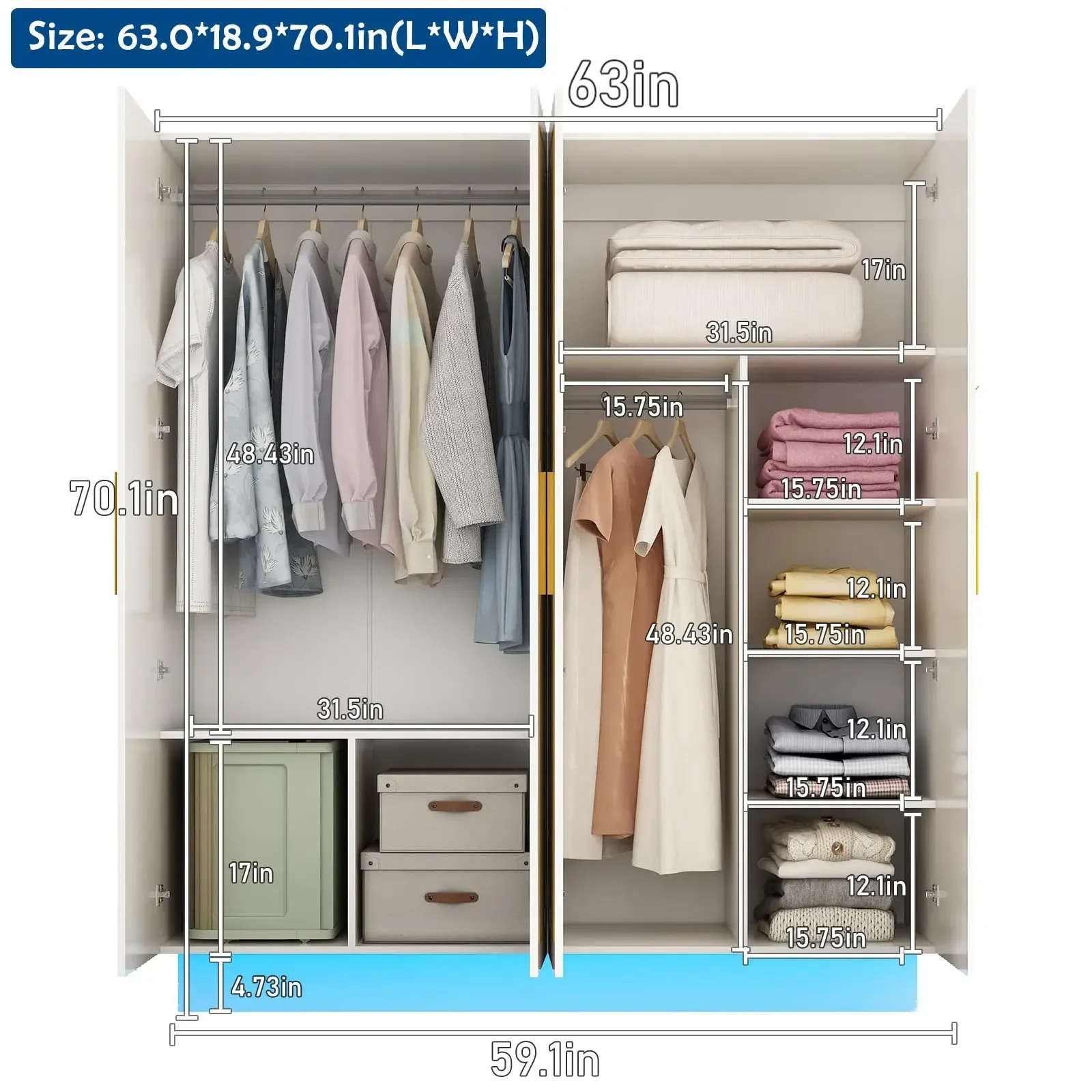 70in LED 4 Doors Armoires Wardrobe Closet&Cabinet with Metal Hanging Rod Bedroom White Tall Armoires with RGB LED 60000-color