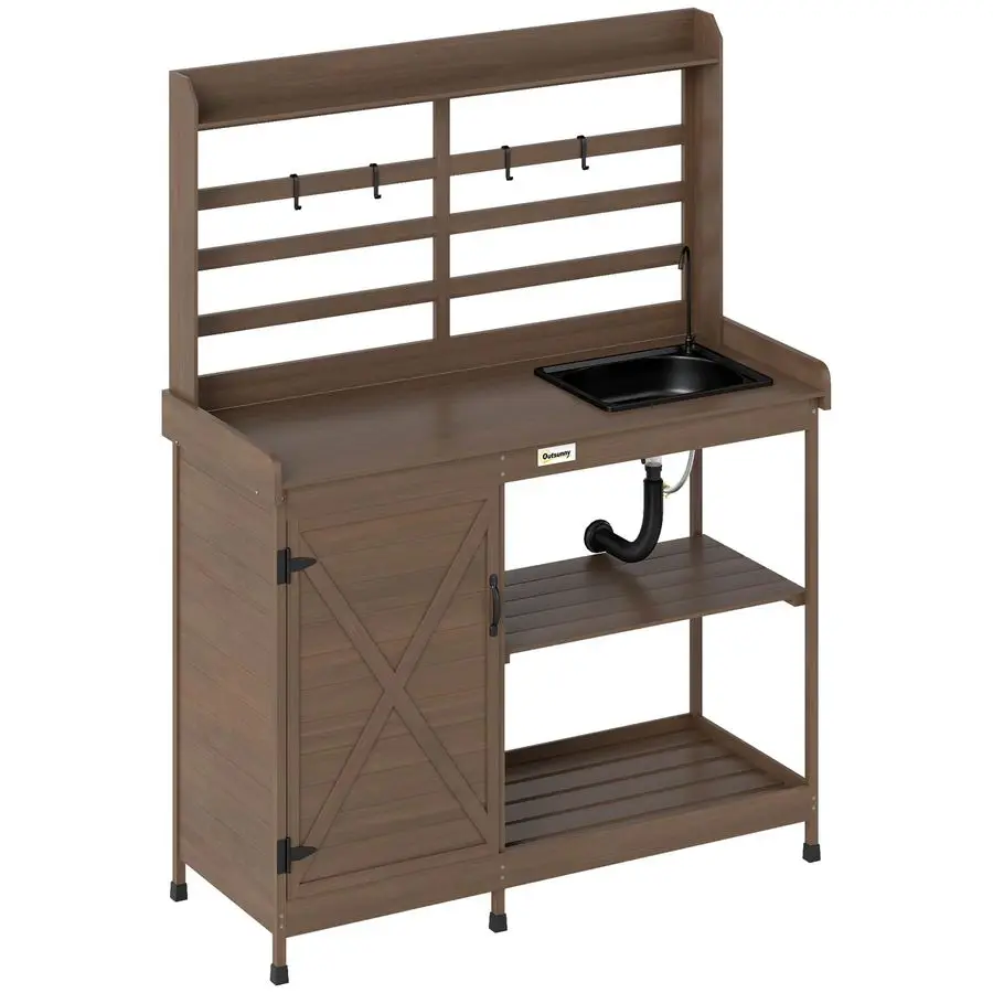 

Деревянная скамейка для улицы с раковиной и водопроводным краном, садовая рабочая станция со шкафом для хранения, полками для хранения на заднем дворе