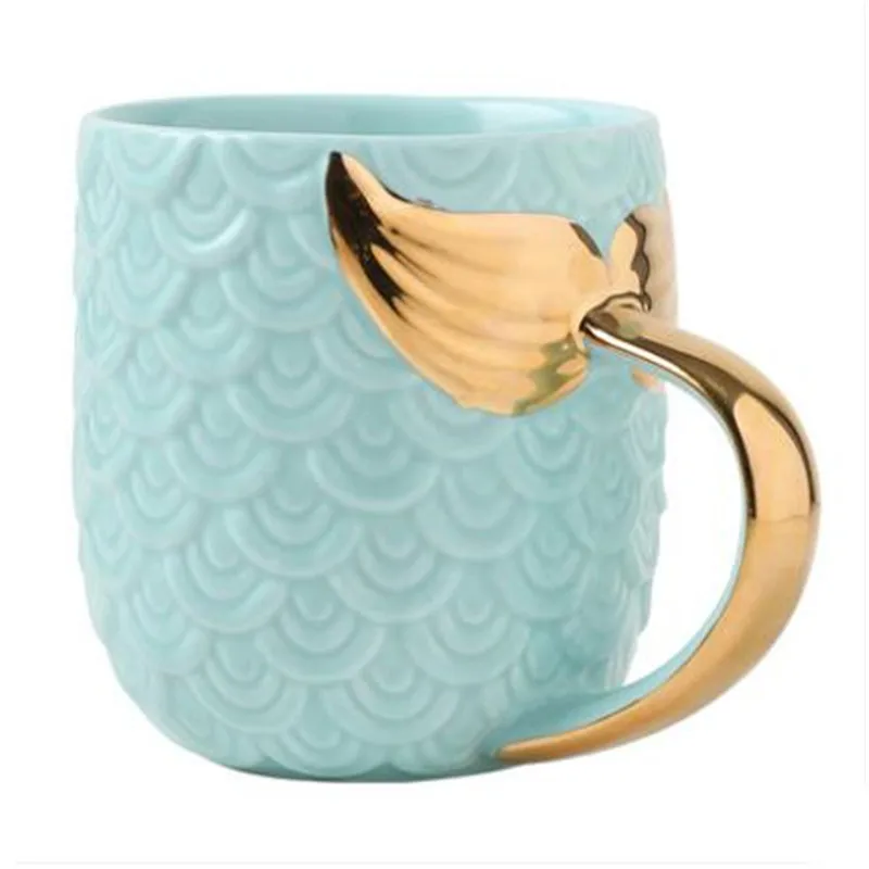 Creative personalized pink sky blue gold handle travel cup mermaid tail ceramic coffee cup