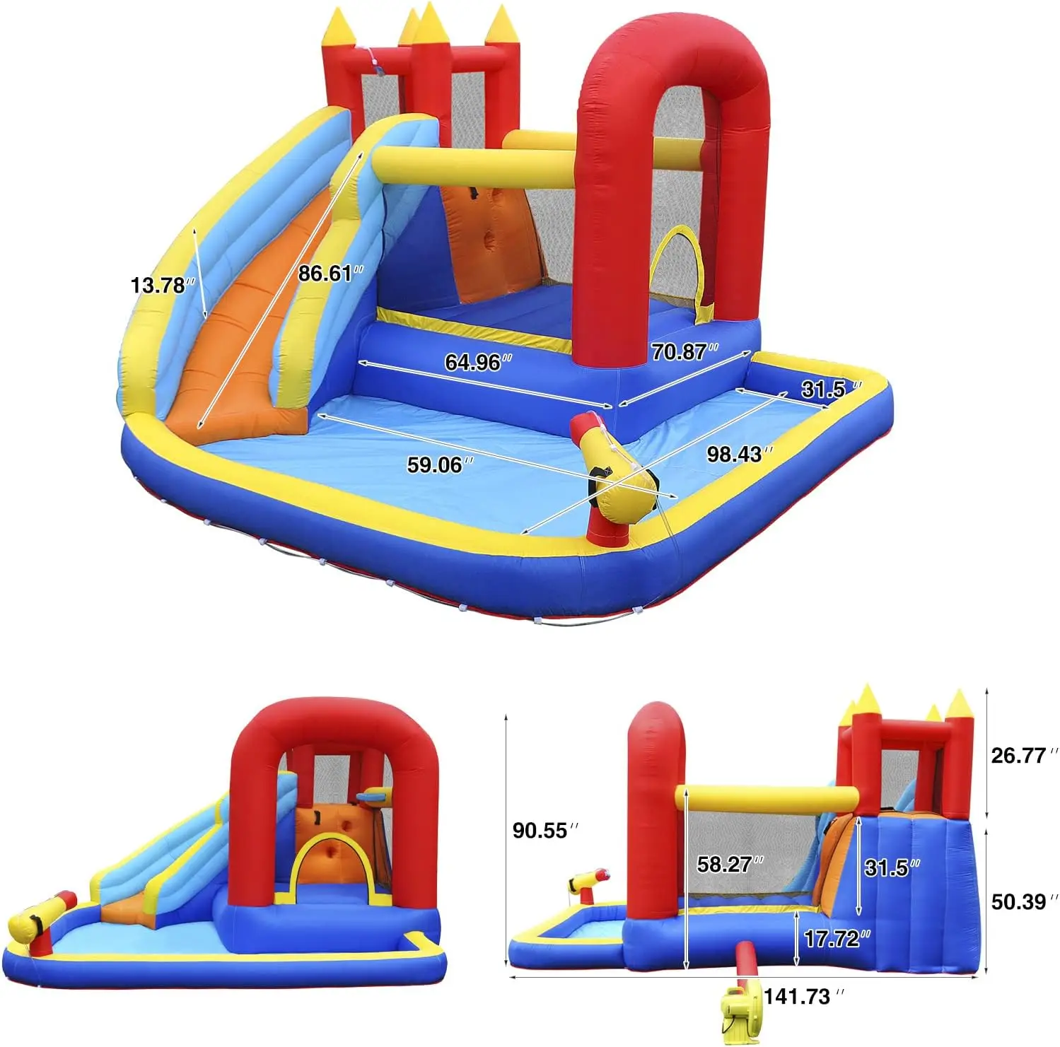 Inflatable Water Slide Bounce House,Slide Bouncer Castle Playhouse w/Splash Pool,Jump Area, Climbing Wall,Basketball Hoop,450W A