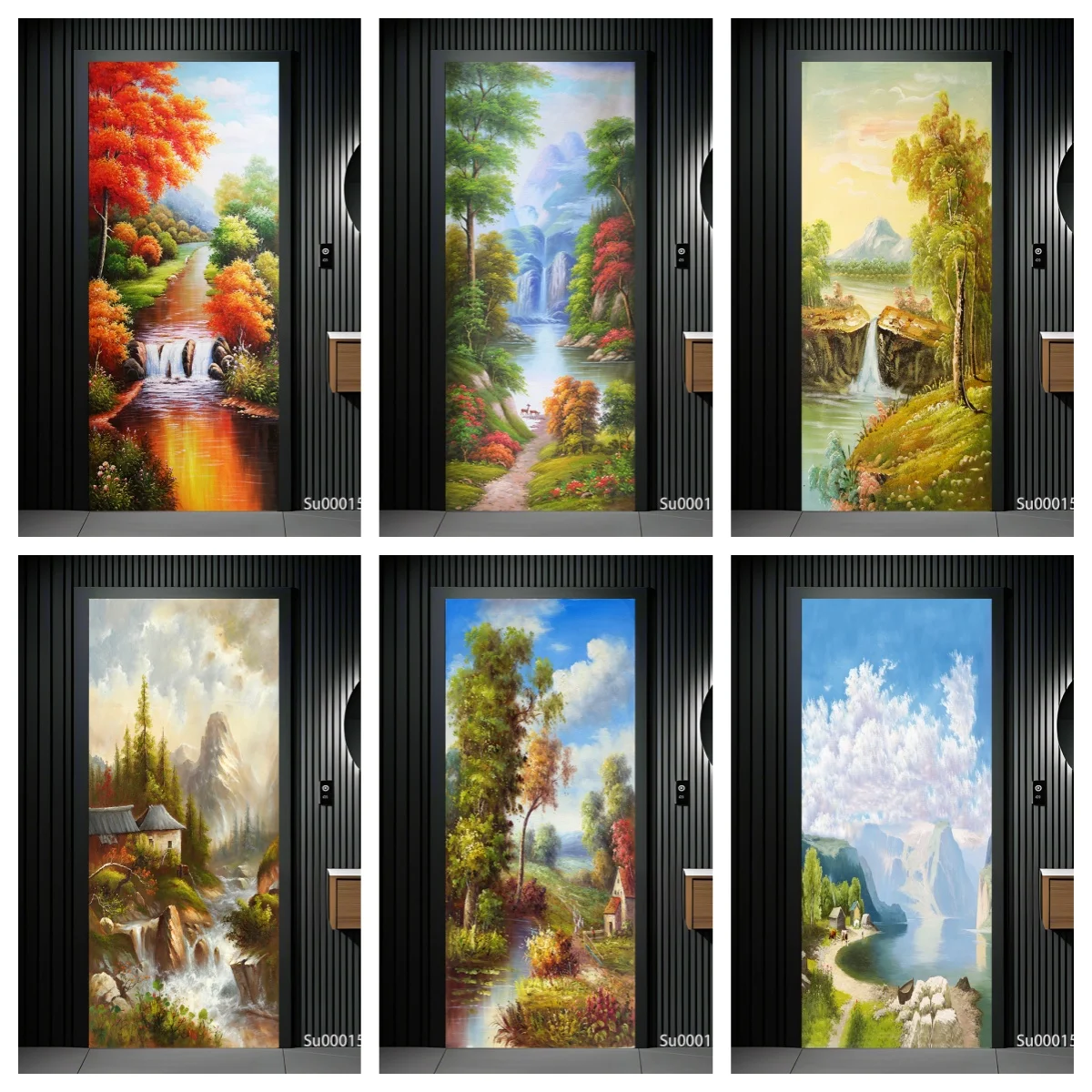 Vintage Oil Painting Door Sticker Waterproof PVC Peel Stick Removable Mural Mountain Waterfall Forest Bedroom Entrance Decor