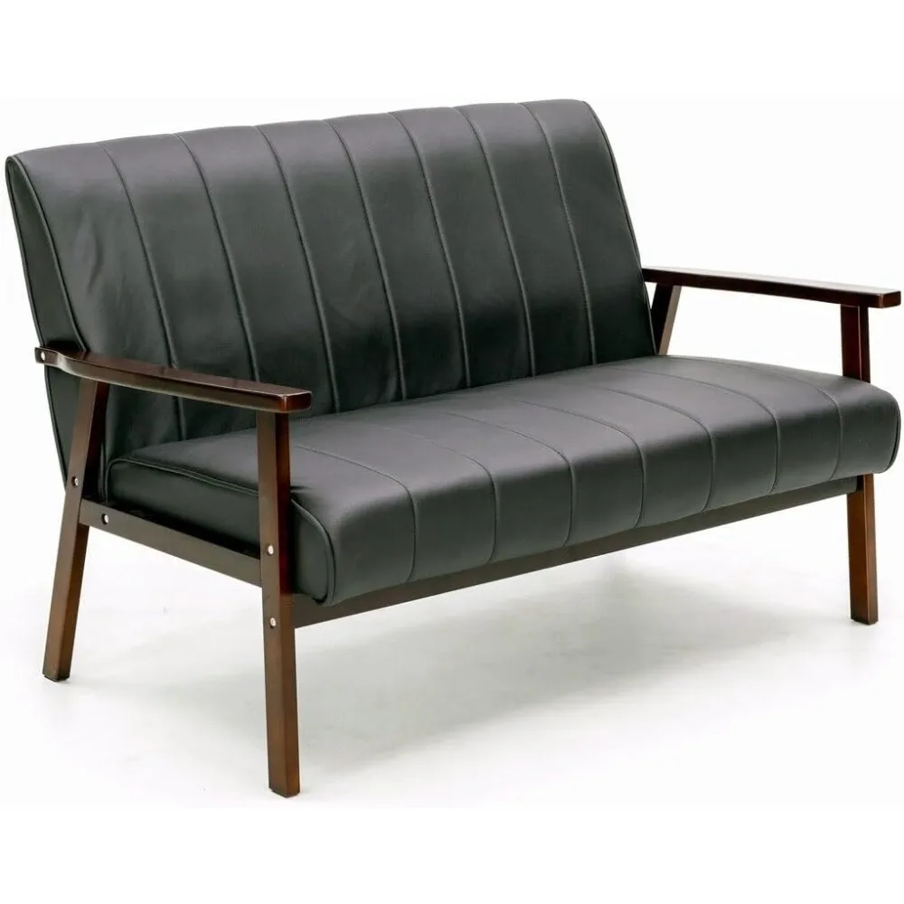 

Mid Century Modern Loveseat Sofa with Wooden Arms Leather Office Couch 2-Seat Wood Love Seat Lounge Armchair Living Room