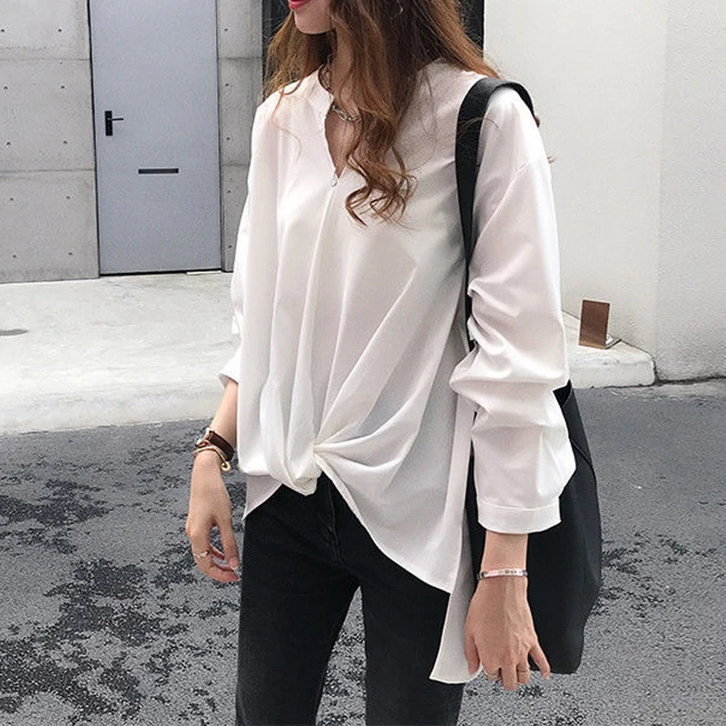 Women Korean Simple Style Irregular Oversized Streetwear Blouse Trendy V Neck Long Sleeve Solid Casual Shirts Blusas Para Mujer