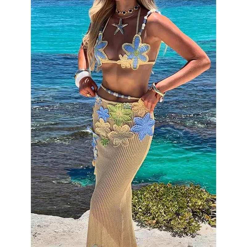 

Bonny Beading Crochet Set Flower Crop Top & Maxi Skirt Hollow Out Beach