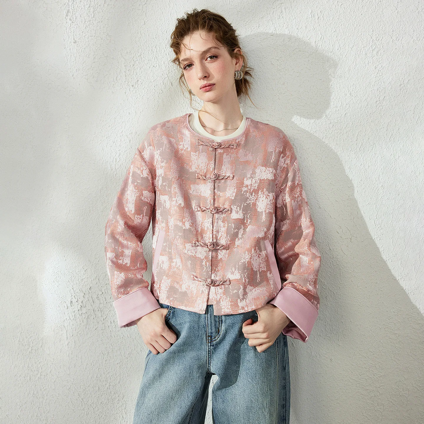 TOYOUTH Women New Chinese Jacquard Coat 2026 Autumn Frog Button Color-Block Quiet Luxury Cardigan