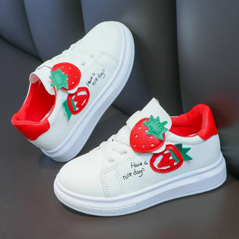 Spring Autumn Strawberry Student Flat Small White Shoes for Girls Casual Sports Shoes Baby Children 3-12 Years Kids Skate Shoes