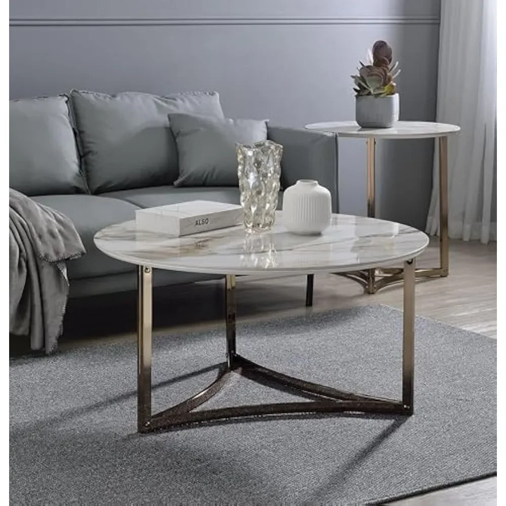 Aziz Contemporary Metal Coffee Table with Stone Top in Champagne Bronze - Stylish