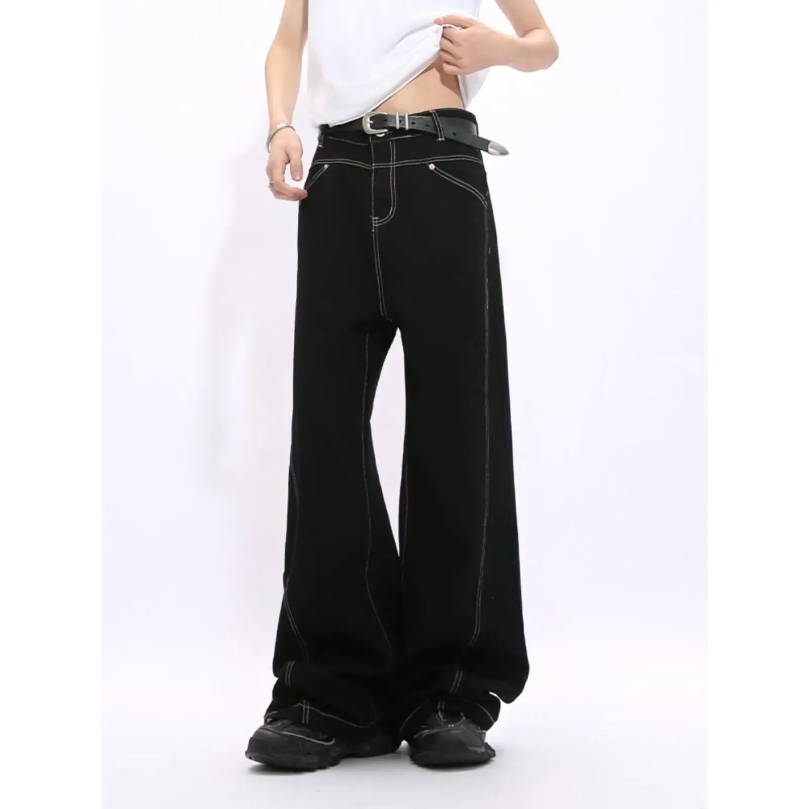 Men's Bright Line Decoration Jeans Summer Street Boy Casual Sweatpants 90s Y2k Cowboy Pants Male High Waist Denim Trousers