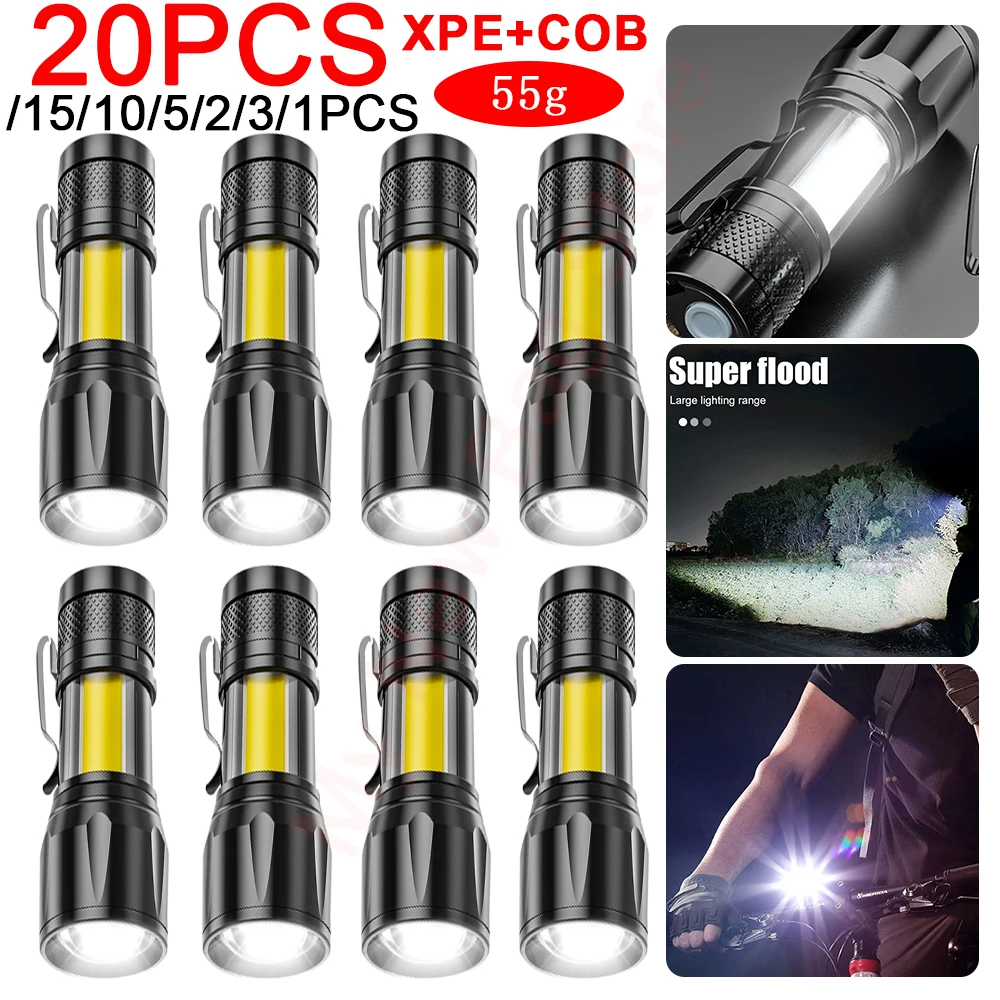 1-20PCS XPE+COB Powerful Flashlight Telescopic Zoom Portable LED Flashlight USB Rechargeable Flash Light for Hiking Emergency