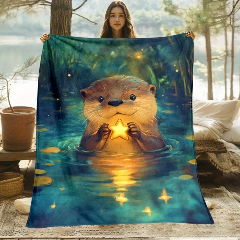 Cute Otter Holding Star Blanket Fantasy Animal Design Soft Fleece Throw Home Decor Gift Idea Magical Nature Theme Cozy Warmth