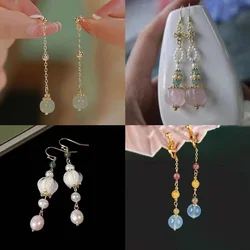 New Chinese Fashion Flower Shaped Jade Pendant Earrings for Women Retro Palace Style Elegant Jewelry Creative Ear Clip Gifts