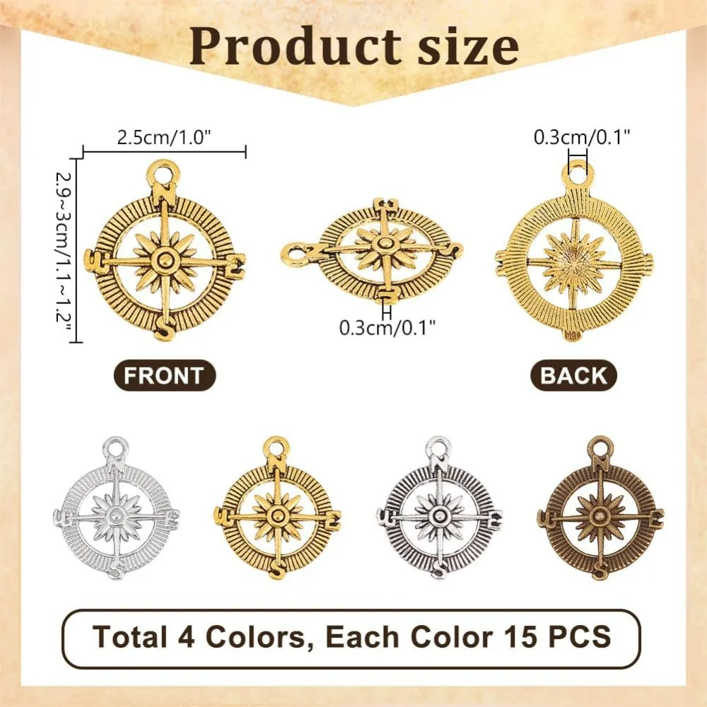 60 pcs 4 Colors 1 Inch Tibetan Style Compass Shape Alloy Pendants Charm Spacer Beads for Bracelet Necklace Jewelry DIY Craft