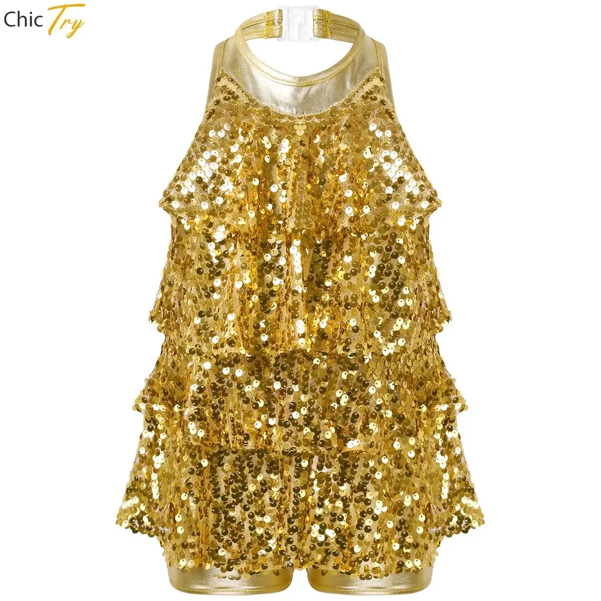 Kids Girls Jazz Dance Costume Latin Salsa Samba Rumba Dancewear Sequin Crop Top Metallic Tiered Skirt Cheerleading Performance