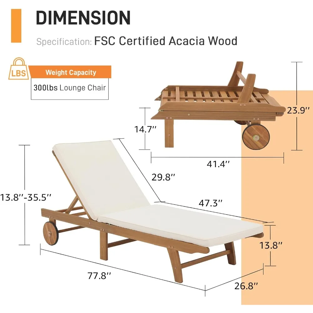 Patio Acacia Wood Chaise Lounge Set of 2, Outdoor Folding Lounge Chair Recliner w/Adjustable Backrest