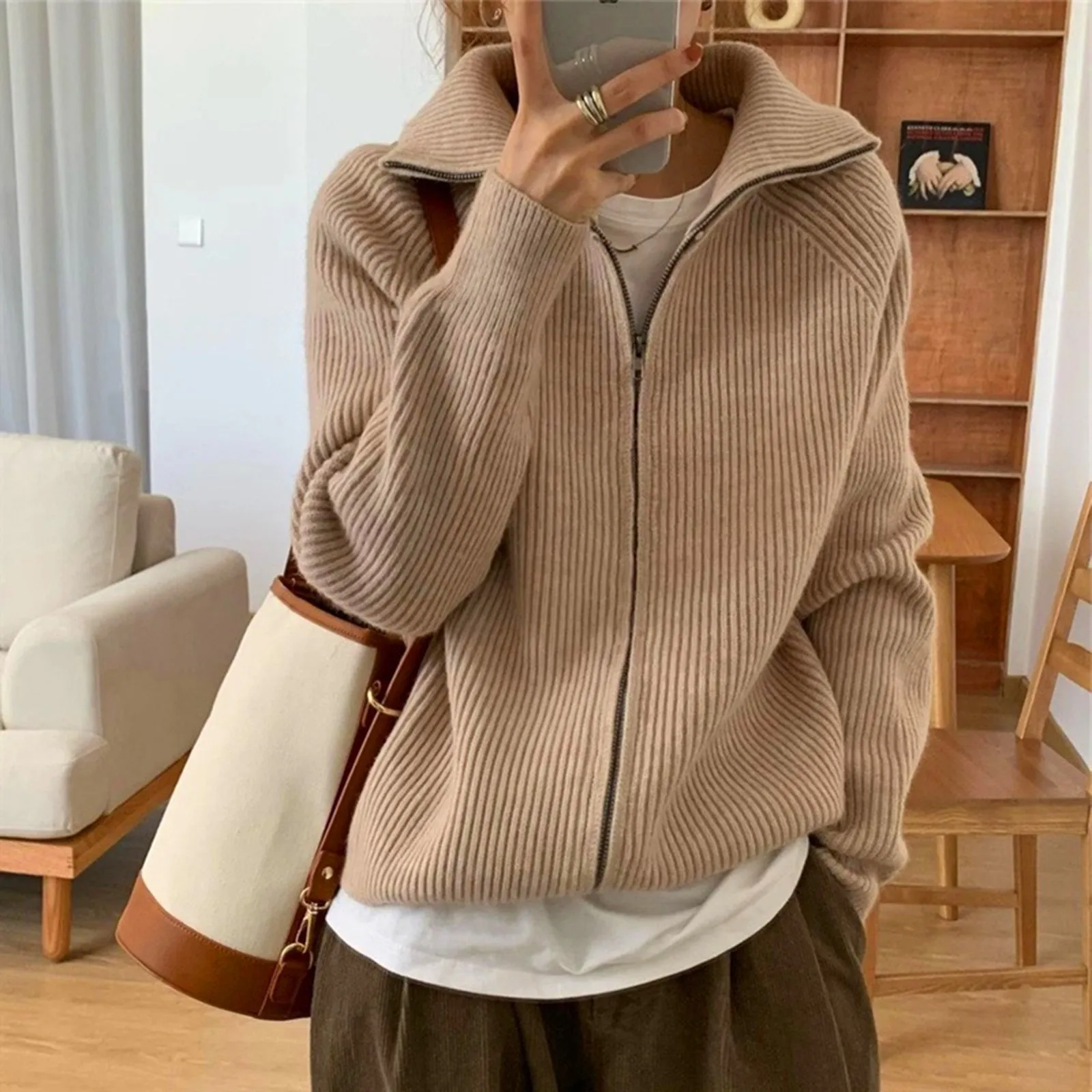 2024 Autumn Winter Women Jacket Thick Knit Cardigan Zipper Design Lapel Sweater Women Jumper Fashion Casual Solid Color Jackets