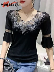 MadBlack Summer Korean Clothes T-Shirt Fashion Sexy Patchwork Shiny Diamonds Tops Half Flare Sleeve Street 2022 Tees T26801L