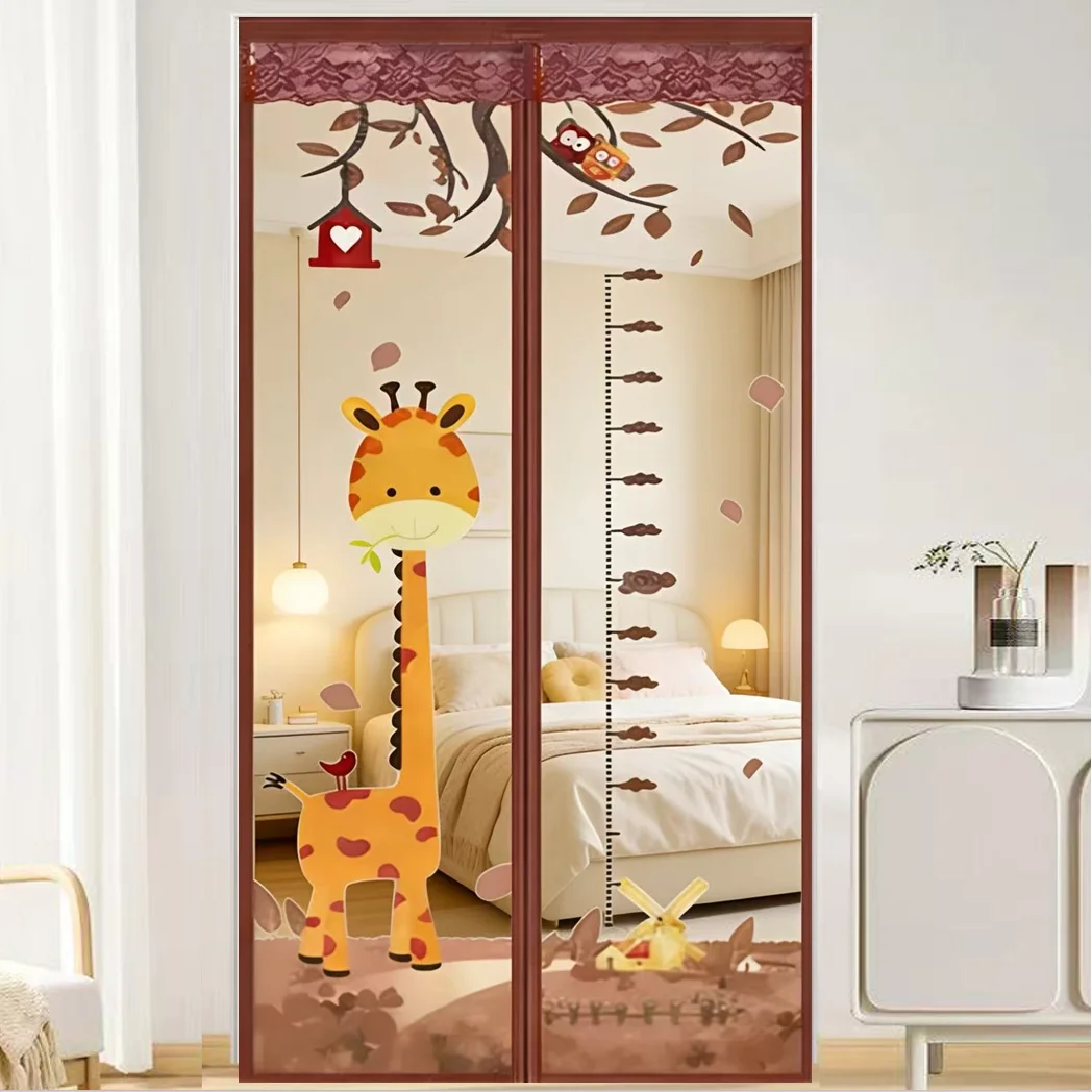 Verbesserte Sommer-Farbdruck-Magnetische Fliegengittertür Modischer Langhals-Giraffen-Motiv Brauner Netzvorhang