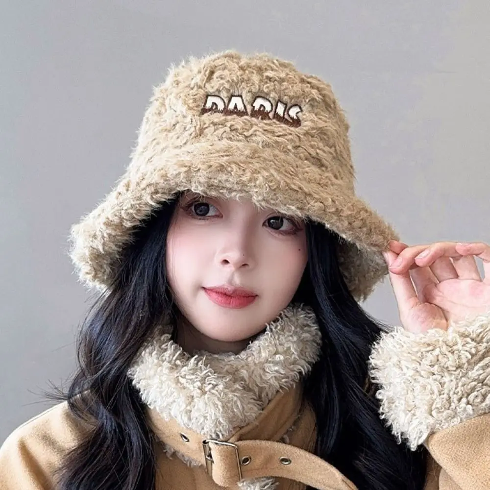 Fashion Polyester Fuzzy Bucket Hat One Size Fit Face Slimming Warm Fall Winter Hat Basin Cap Casual Wear