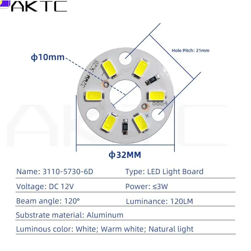 10 Pcs New Highlight LED Light Board DC 12V 3W SMD5730 6LEDs Light Source Aluminum Panel Round Dia 32mm Warm White Natural Light