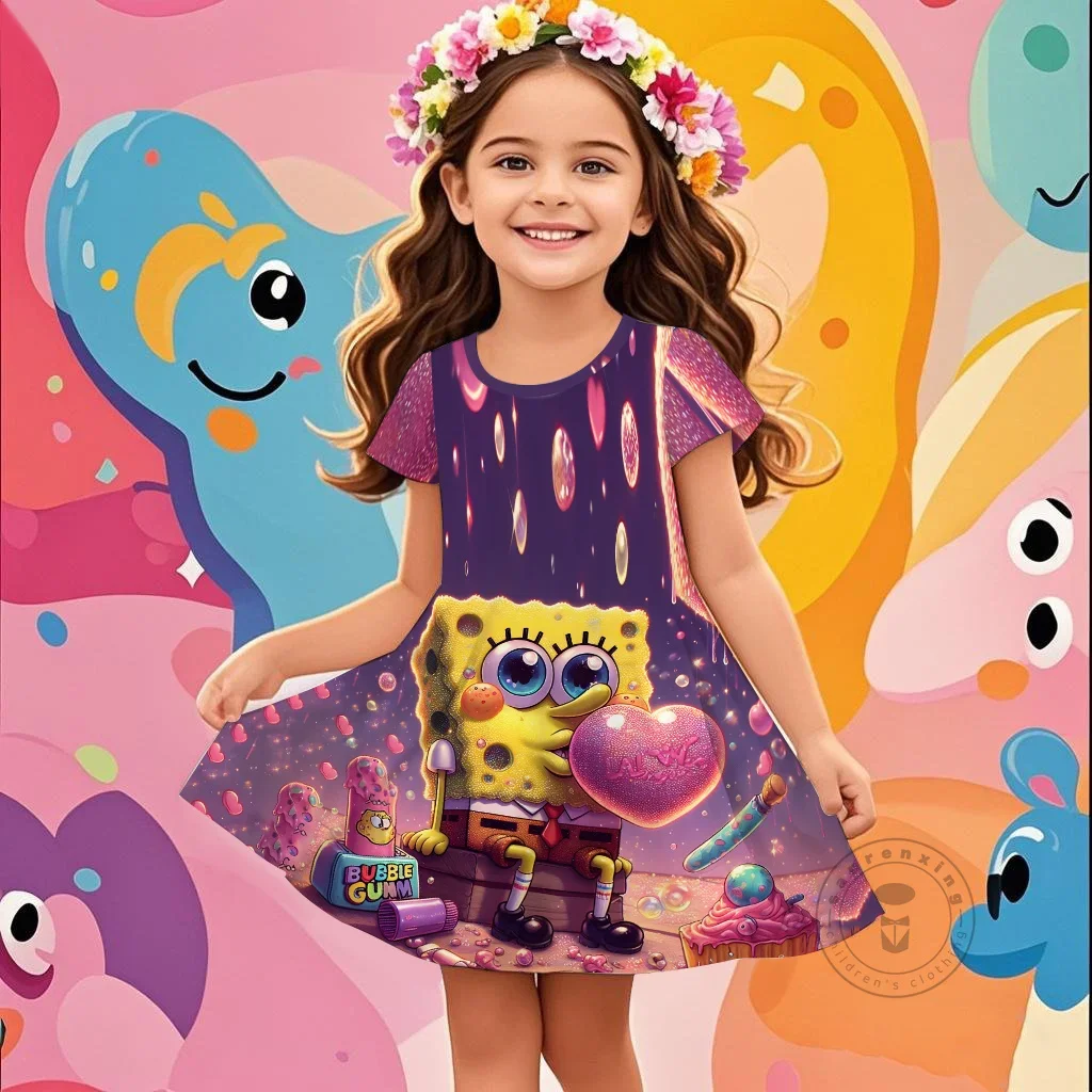 

Summer Girls Cute Cartoon SpongeBob 3D Dress Fashion Trend Dress Children's Daily Casual Fashion Short Sleeve Clothing Set