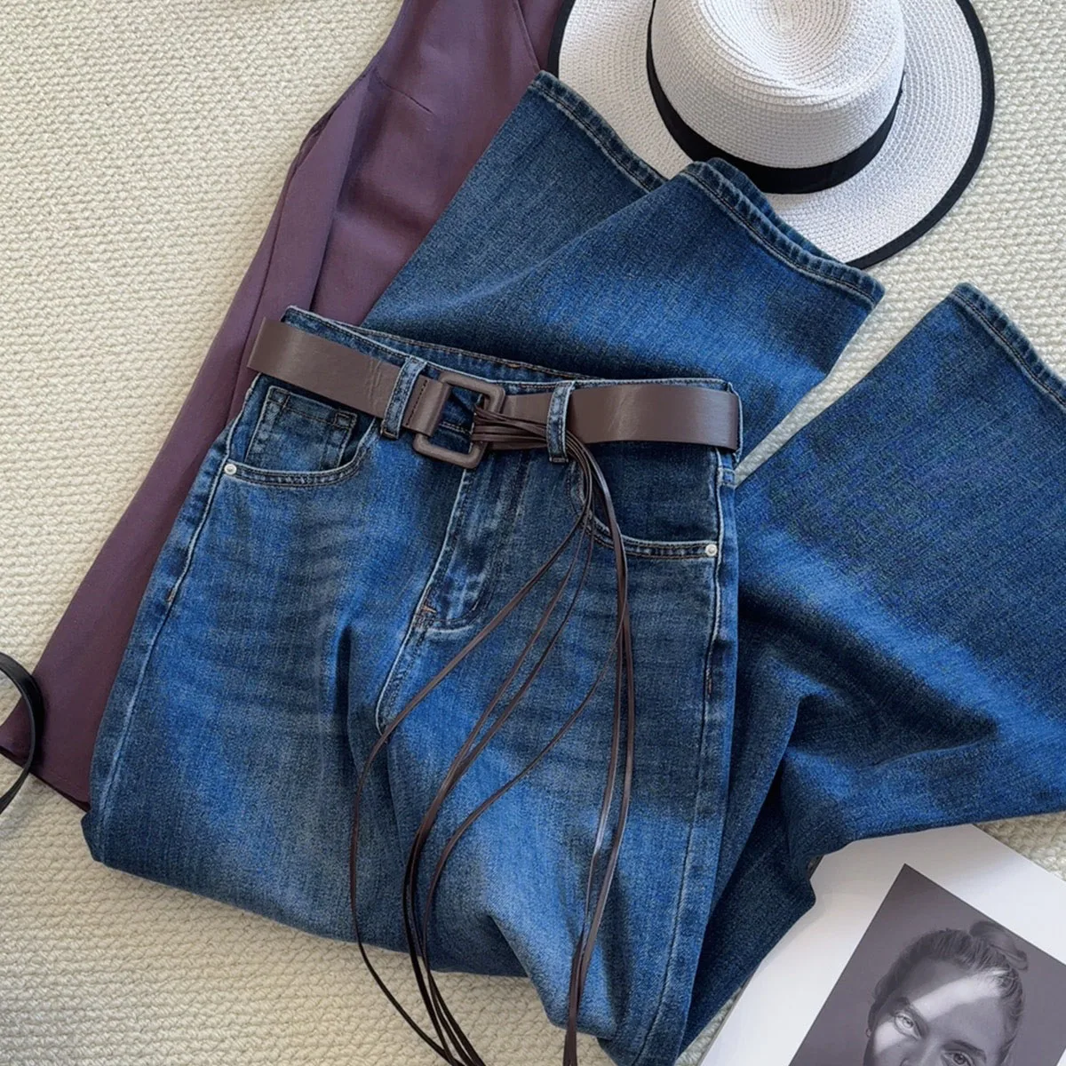 Dames diepblauwe denim broek hoge taille zachte vrije tijd flare jeans met kwastje riem vrouwelijke mode lente zomer broek