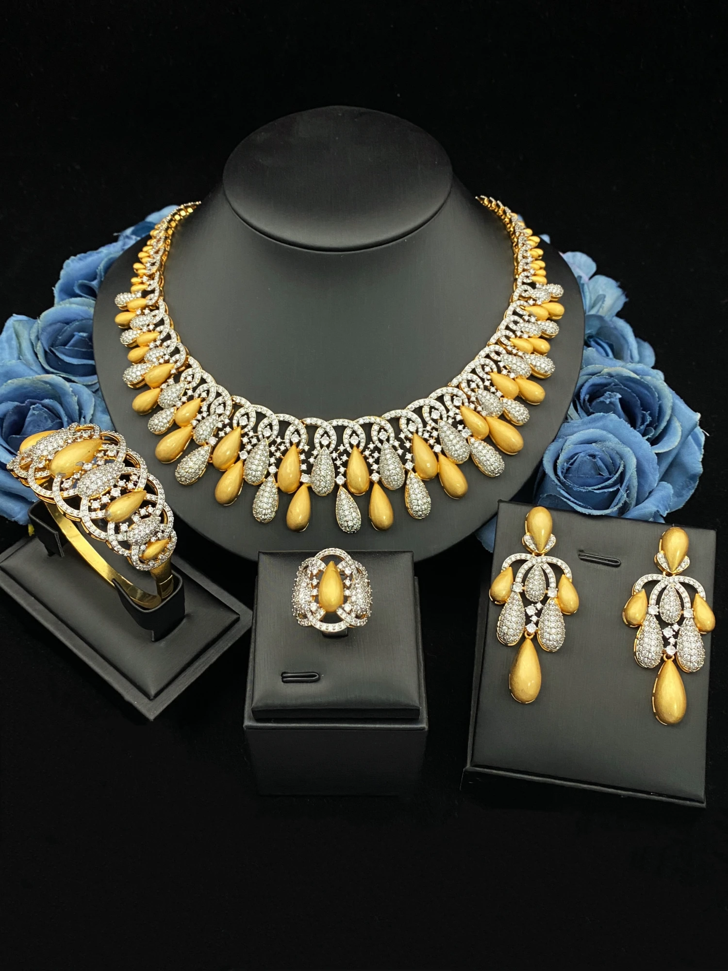 

JRH Trendy Luxe Gold Plated Copper Zircon Jewelry Set for Women 4pcs with Bracelet Ring Necklace Earrings Perfect Party Gift