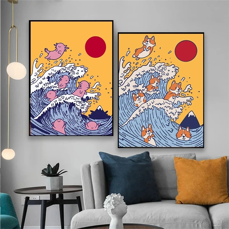 Japan Style Cartoon Animals The Wave of Corgi Axolotls Poster Canvas Painting Wall Art Pictures Home Kawaii Room Decor