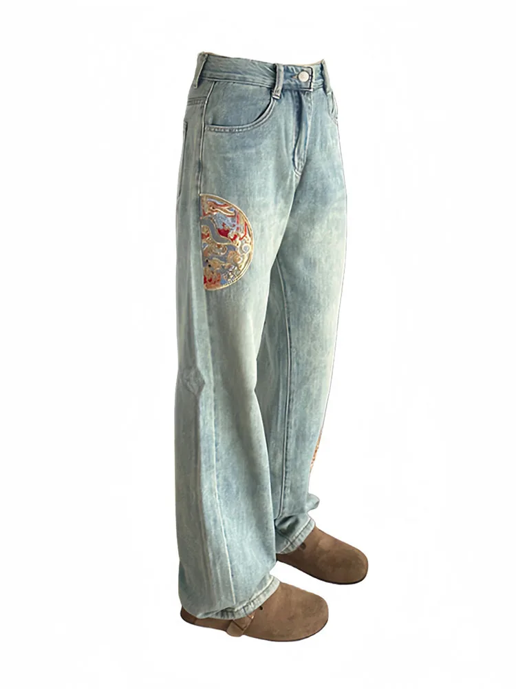 

Harajuku Fashion Wide Leg Pants Cotton Denim Jeans High Street Hiphop Blue Trousers Exquisite Embroidery Streetwear Oversized