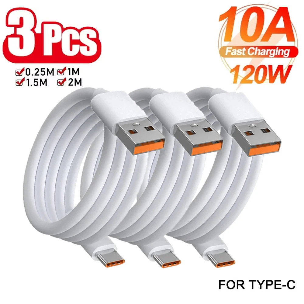 3Pcs Universal USB To Type C Cable 120W 10A Fast Charger Type-C Quick Charging Cable USB C Data Cord For iPhone Samsung Xiaomi